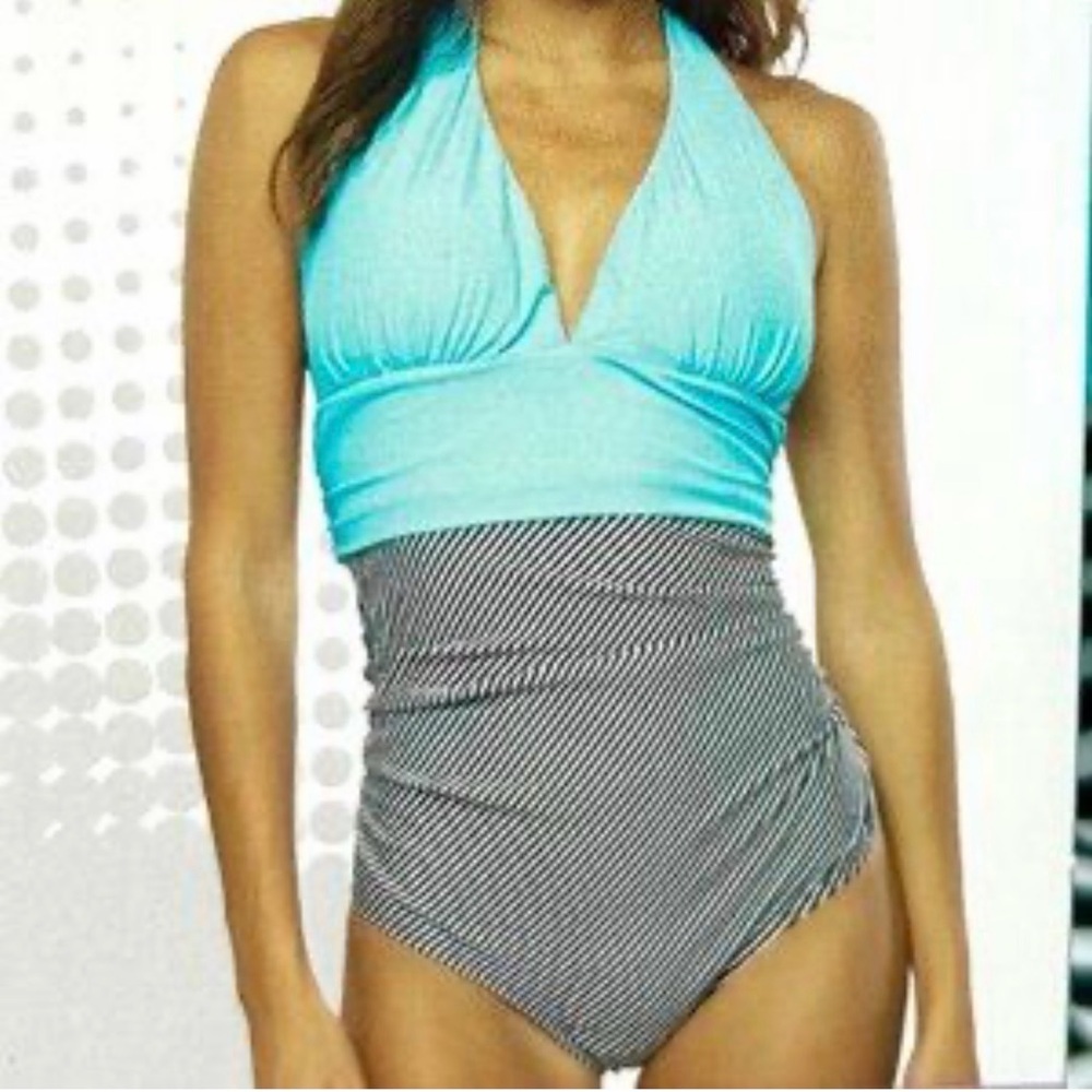 Crane Pinup Style Tummy Toning Turquoise & Striped One Piece Swimsuit